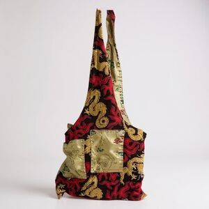 Handmade Red Gold Reversible Hobo Bag Chinese Dragon Silk Pattern Boho Hippie